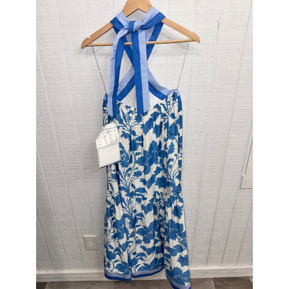 Entro Floral Halter Midi Dress Womens Blue White Coastal Tiered Pockets Small - Picture 4 of 6